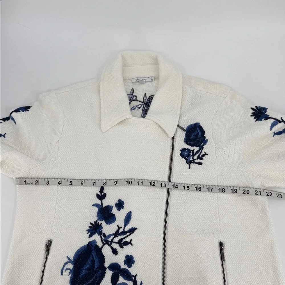 Chico’s Embroidered Floral Jacket Cream Blue Zip Front 3 XL‎ Boxy Loose Relaxed